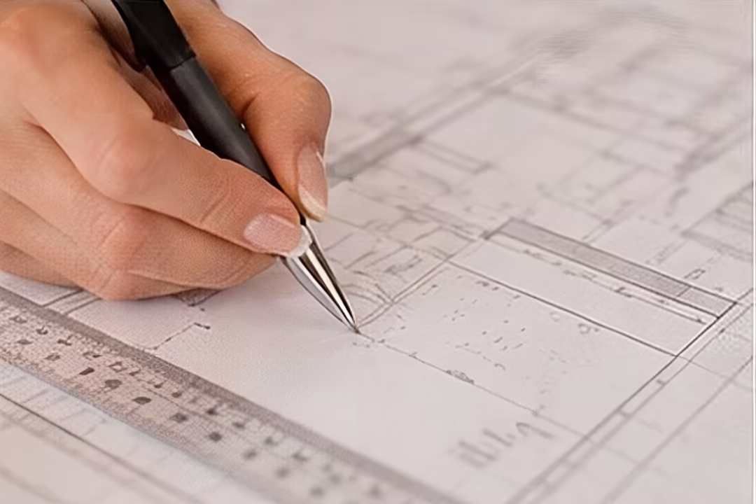 Levantamento de quantitativo sobre a prancha do projeto, com escalímetro.