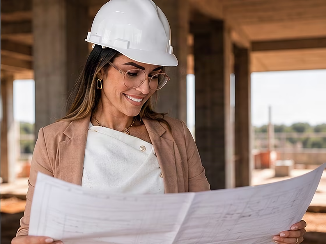 Engenheira da A.F conferindo a planta em campo, com a estrutura da obra ao fundo.